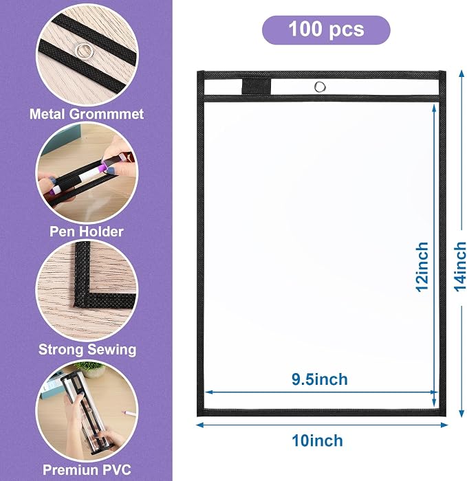 Nezyo Dry Erase Pockets Plastic Job Ticket Holders Shop Holder Order Pockets Clear Sleeves Tickets Folders Plastic Sleeves Paper Teacher Supplies for Classroom (10 x 14 in,Black,100 Pcs) - Image 2