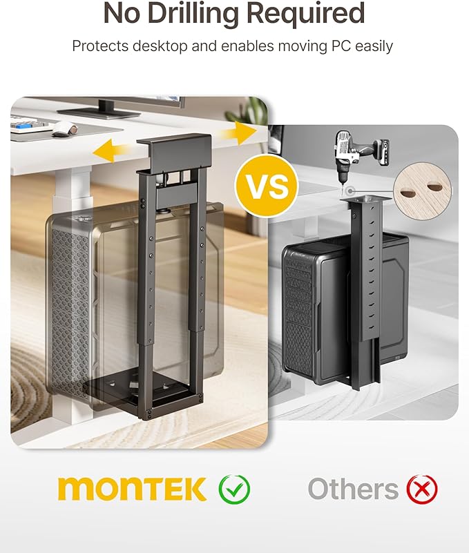 monTEK Clamp-On Under Desk PC Mount, 16.1-25.6", 66 lbs, Black | No-drill CPU holder, ventilated steel frame, adjustable fit and clamp-on installation for standing desks and home offices - Image 3