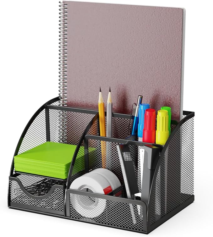 Desk Organizer and Pencil Case with Drawer and 6 Compartments in Black Metal Mesh. Space-Saving Desk Organizer for Pens, Pencils, Sticky Notes, Clips and Staplers by Detectalia