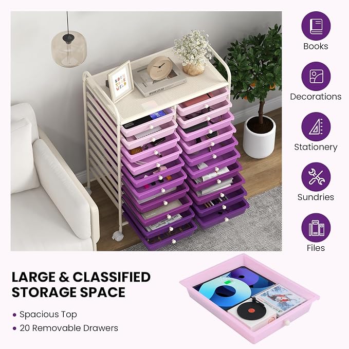 Giantex 20 Drawers Rolling Cart, Mobile Storage Drawer Cart, Classroom Organizer Cart for Office School Supplies Tools Scrapbook Paper Craft Small Printer, Utility Cart on Wheels, Gradient Purple - Image 5