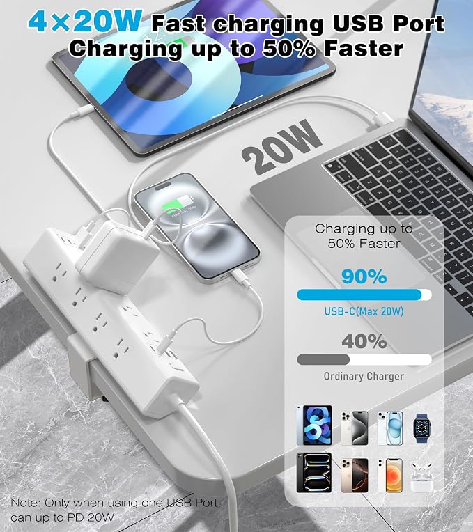 VILONG Desk Clamp Power Strip, Edge Mount, 8AC, 8USB (4 USB-C), 1200J | 40W Fast Charging Station, 6FT 14AWG Cord, Fits 1.9" Desk Edge, Home Office Workstation, White, ETL Listed - Image 2