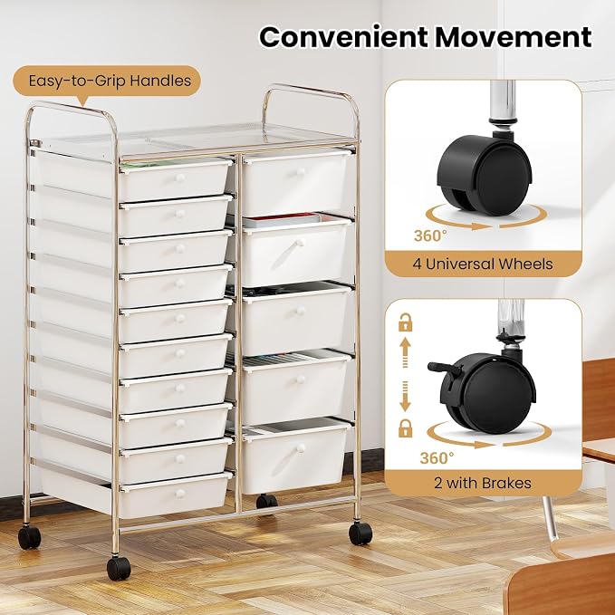 Giantex 15 Drawer Rolling Cart with Drawers, Storage Organizer Cart for Classroom Office School Teacher, Mobile Drawer Cart for Tools, Crafts, Small Printer, Ivory - Image 5