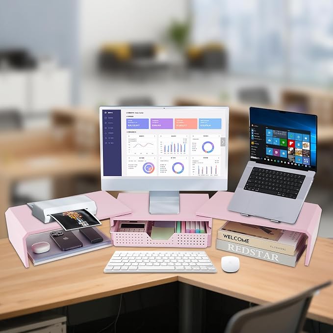 LEKETREE Dual Monitor Stand Riser with Drawer, Desk Organizer and Accessories, Pink Monitor Stand for Desk, Desktop Stand for Computer, Laptop, TV and More (Pink) - Image 2