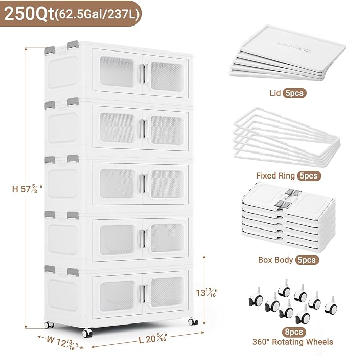 BROVIEW 250 Qt/62.5 Gal Stackable Storage Bins with Lids, 5 Pack, White | Small Stackable Storage Boxes w/ 5 Lid Folding Plastic Cart Organizer for Home Kitchen, Open Front Clear Door with Wheels - Image 2