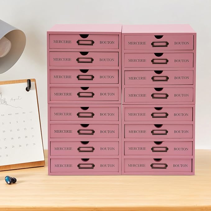 4PCS Vintage Wooden Drawer Organizer, 16-Drawer Stackable Storage Cabinet | Solid Pine Wood | 4-Tier | 35 Lbs Capacity | Iron Label Holders | Fully Assembled | For Office, Home, Craft Room (Pink) - Image 4