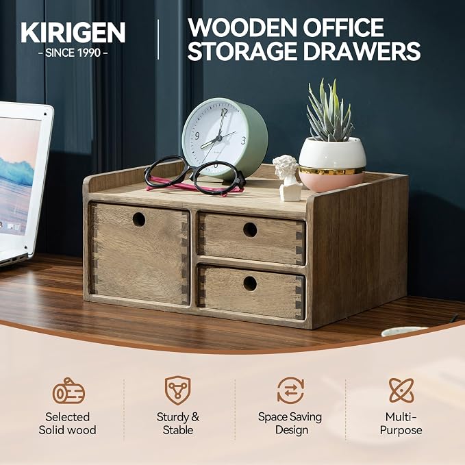 KIRIGEN Wooden Desk Organizer with 3 Drawers and Top Tray, Brown DT1D3C-DBR | 3-Drawer Cabinet with Top Tray Stores Office Supplies, Toiletries, Tools, Crafts, and Small Accessories on Desks or Counters - Image 7