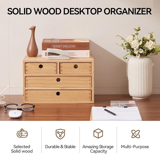 KIRIGEN Wood Desk Organizer with 4 Drawers, Desktop Storage, Natural 34-NA | 3-Tier Solid Wood Cabinet Holds Letter-Size Paper, Mail, Makeup, Crafts, and Home Office Supplies, Fully Assembled - Image 4