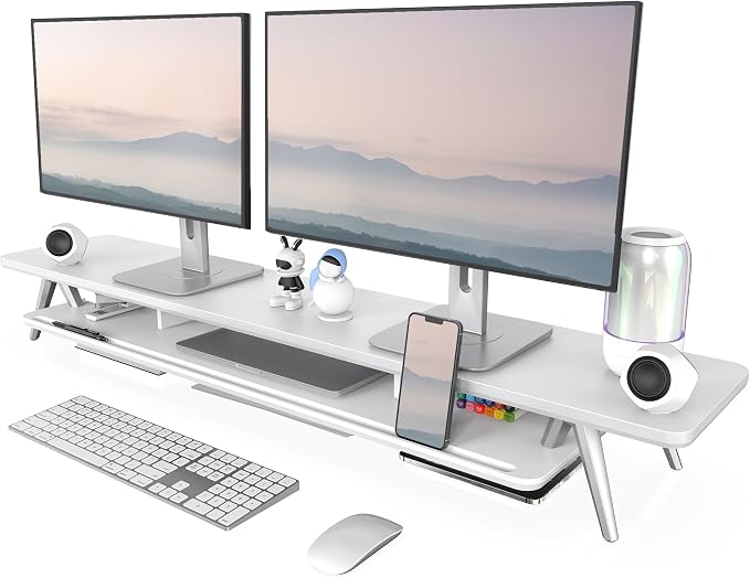 Fenge Dual Monitor Stand Riser, Wooden Desk Shelf with 2-Tier Storage | 47.2-Inch Extra Wide, Sturdy Aluminum Legs, Built-In Phone & Tablet Slot, Desktop Organizer for Office Accessories by Fenge