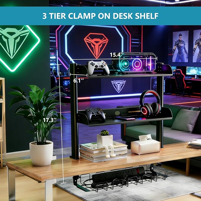 Clamp on Desk Shelf,3 Tier Desktop Organizer,Adjustable Clamp on Desk Top Organizer with Under Desk Hidden Storage Basket&Hooks,No Drilling Desk Clamp Storage Shelves for Working Gaming Accessories - Image 2