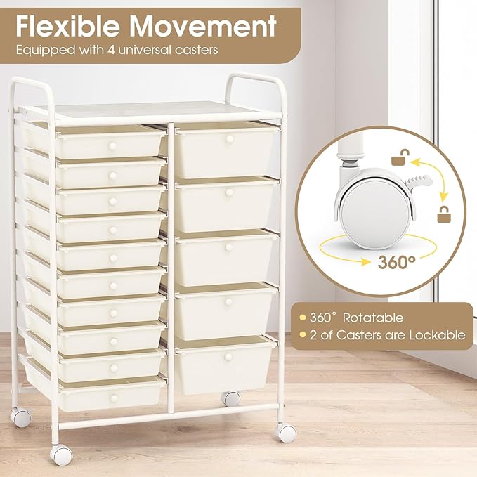 Moccha 15-Drawer Rolling Storage Cart - Under Desk Storage Drawers with wheels for Craft Art Supply Paper Salon, Scrapbook Paper Tools, Mobile Utility Cart for Classroom (15 Drawers, White) - Image 5