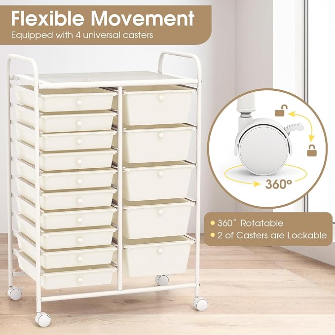 DORTALA 15-Drawer Rolling Storage Cart with Drawers, Rolling Utility Cart w/Removable Drawers & Universal Wheels, Tools Scrapbook Paper Organizer for School, Office, Home, Classroom (Ivory) - Image 6