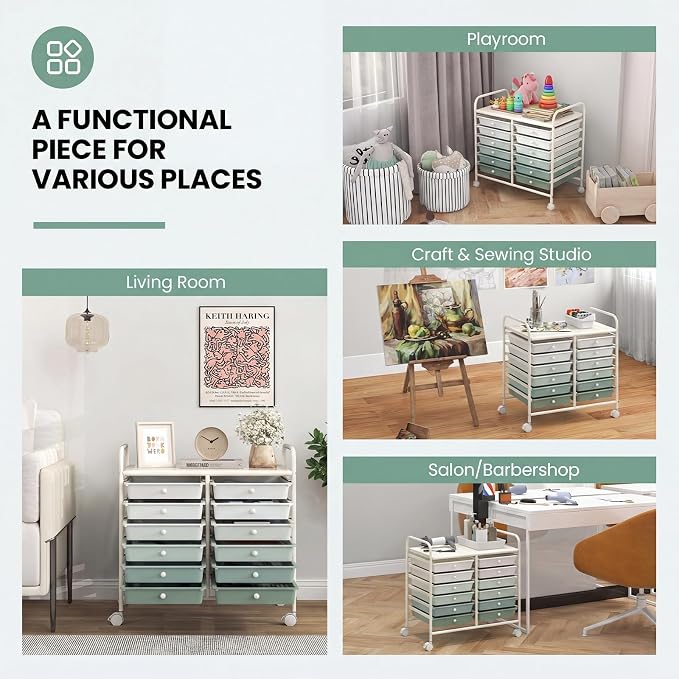 Giantex 12 Drawers Rolling Cart, Mobile Storage Drawer Cart, Classroom Organizer Cart for Office School Supplies Tools Scrapbook Paper Craft Small Printer, Utility Cart on Wheels, Green Gradient - Image 8