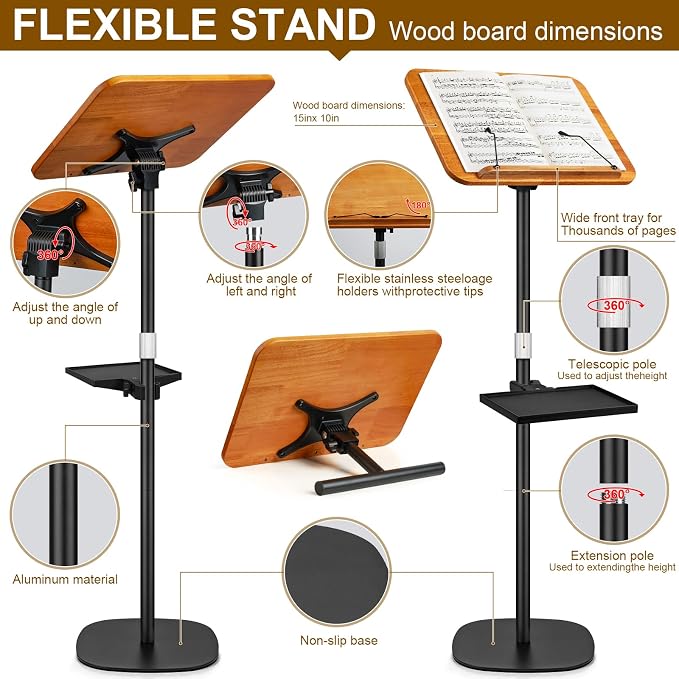 2 in 1 Dual-use Music Stand & Desktop Book Stand, Adjustable Height 16.5"-51", 100% Solid Wood Laptop Floor Stand Book Holder with Elastic Page Clips for Cookbooks (Brown with Tray) - Image 5