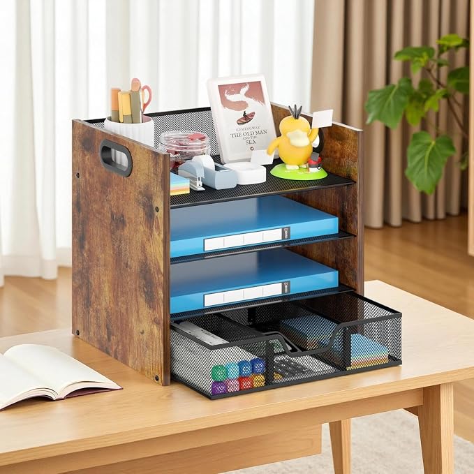 Desk Organizer - 4 Tier Desktop File Organizer with Drawer, Wooden Paper Tray Organizer, Office Desk Accessories Organizer for Papers, Mail, Notebooks, Stationery - Image 6