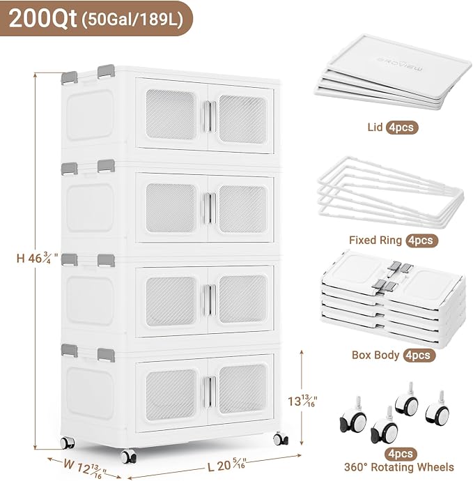 BROVIEW 200 Qt/50 Gal Stackable Storage Bins with Lids, 4 Pack, White | Small Stackable Storage Boxes w/ 4 Lid Folding Plastic Cart Organizer for Home Kitchen, Open Front Clear Door with Wheels - Image 2