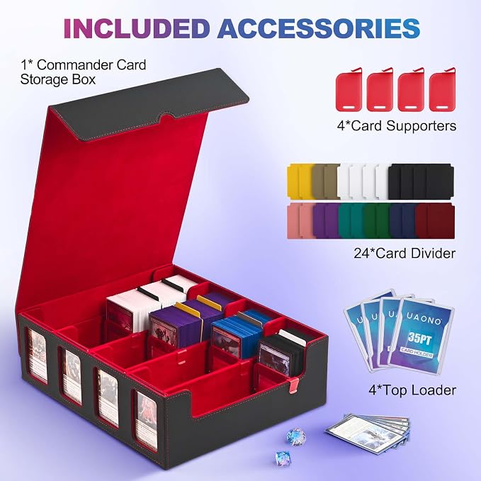 UAONO Trading Card Storage Box with Commander Display, Black Red | 2400+ Deck Box for MTG with Removable Cover, Top Loaders Card Case Fits Magic TCG PTCG Sports Cards, 24 Dividers, 4 Stoppers - Image 3
