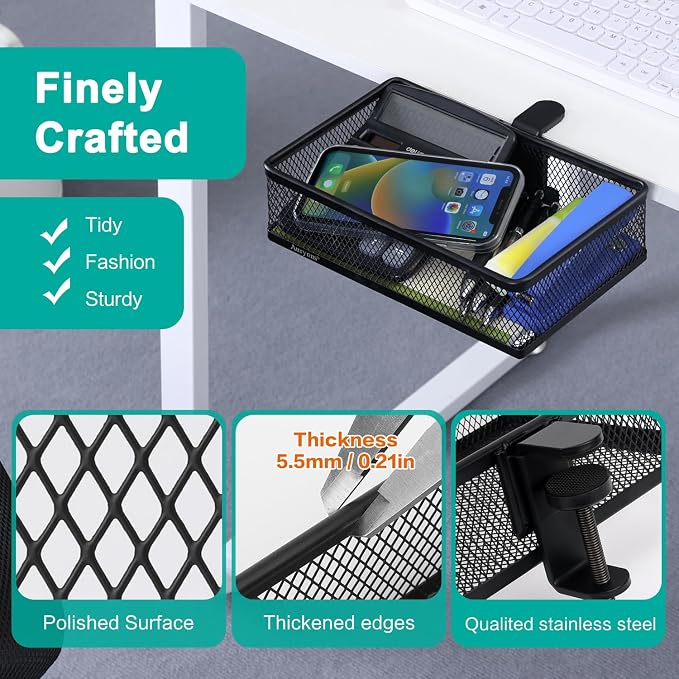 Under Desk Drawer, Clamp on Desk Organizer Under Table Hanging Desk Storage | 2 ways to clamp on: desk side or leg. Under desk organizer, clamp on desk drawer, basket hanging under table shelf, no-drill - Image 5