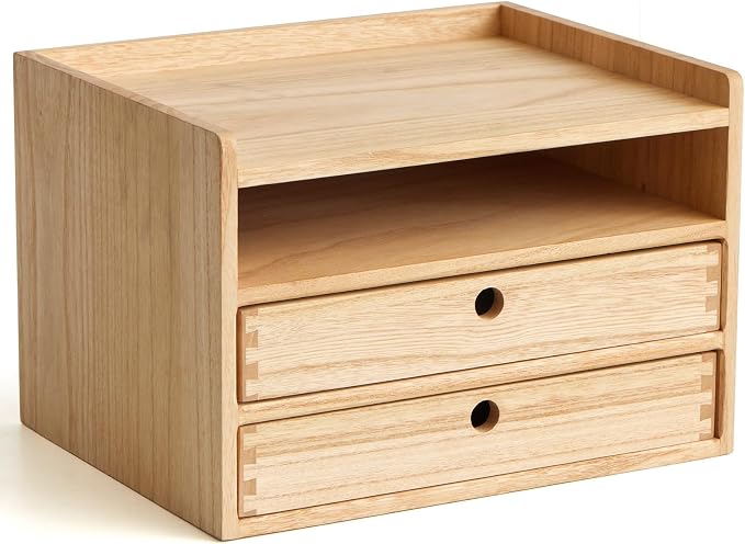 KIRIGEN Wooden Desk Organizer with 2 Drawers and Top Tray, Natural 3D2C-NA | Three-Tier Desktop Storage Cabinet Stores Papers, Office Supplies, Cosmetics, Crafts, and Small Accessories for Home Office by KIRIGEN