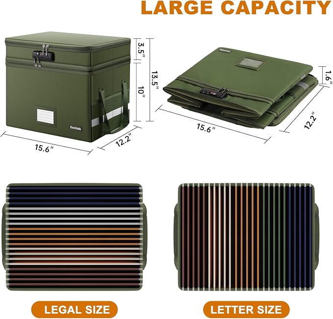DocSafe File Box with Lock,Multi-Layer Fireproof Document Box Collapsible File Storage Organizer with Pockets/Handle,Portable Home Office Filing Cabinet for Hanging Letter/Legal Size Folders,Green - Image 6
