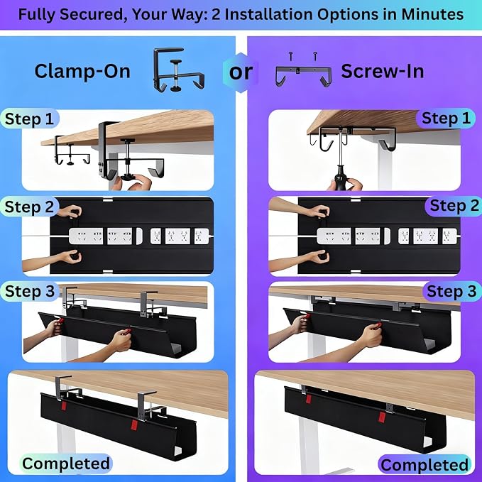 Under Desk Cable Management Tray, 36" Large No Drill Cord Organizer with Easy to Clean Oxford Fabric, Clamp On Power Stripe Holder for Home Office & Gaming Space to Hide Wires - Image 5