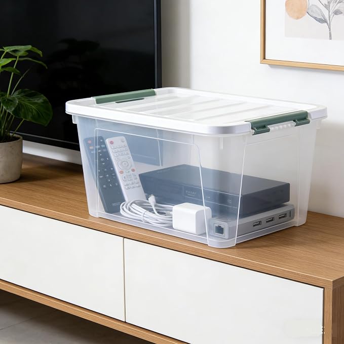 Storage Latching Bins, 35 Quart Clear Plastic, 4-Pack Storage Box | See-Through Organizing Solution, Green Latches Containers for Home, Bathroom, Kitchen & Office Organization - Image 5