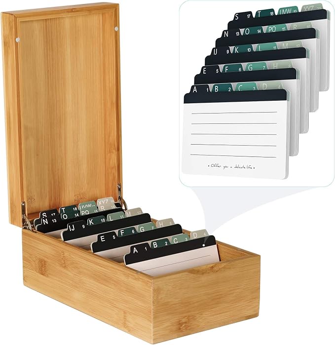 MaxGear Bamboo Business Card Organizer for 3" x 5" Cards | Index Card Holder for Desk, Index Cards Box with A-Z Tabs, Holds 600 Cards, Desktop Organizers for Home, Office by MaxGear