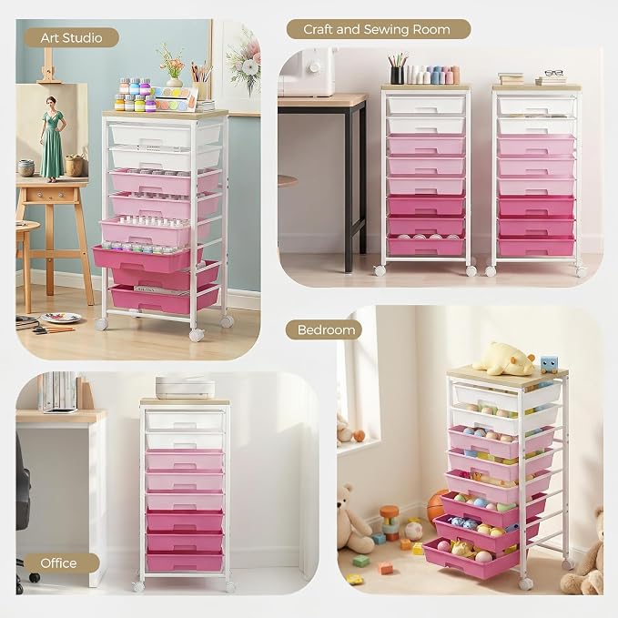 Rolling Cart with 8 Drawers, Plastic Drawer Storage Carts with Wheels & Wooden Tabletop, Metal Utility Cart Organizer for Bedroom Living Room Office Classroom Craft Organization and Storage, Pink - Image 6