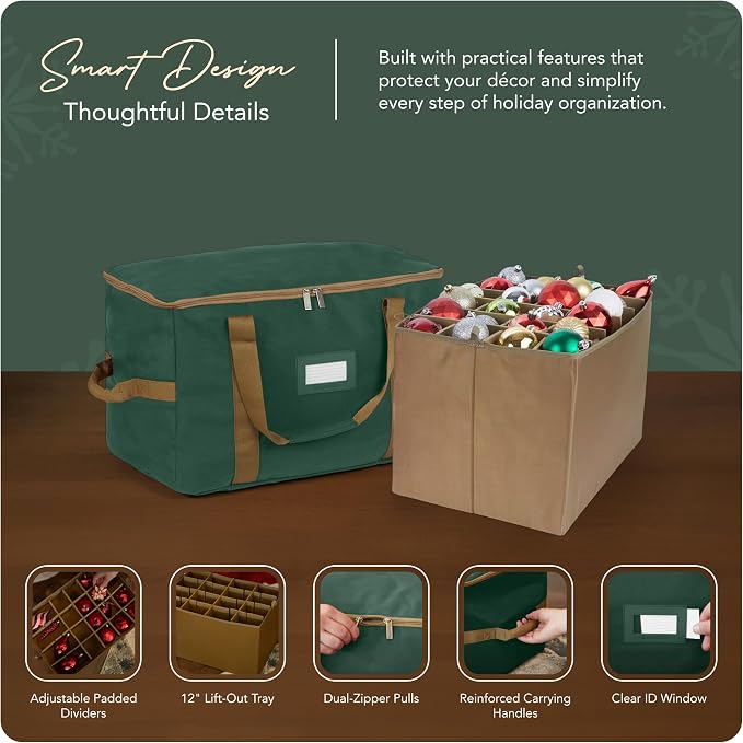 Covermates Keepsakes Adjustable Ornament Storage Bag – Heavy-Duty Polyester, Padded Dividers & FlexGrid Trays – Protective Holiday Ornament Organizer with Handles & Label Window, Green - Image 4