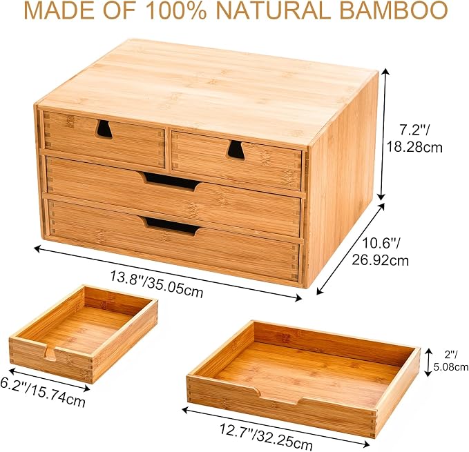 Bamboo Desk Organizer, 100% Natural Bamboo Desktop Drawer Organizer, Tabletop Storage Cabinet Organization Box with 4 Drawers for Makeup, Letter, Home Office Supplies, 3-Layer, Fully Assembled - Image 3