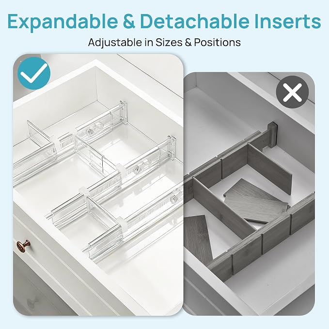 Vtopmart 2.36" Drawer Dividers with Expandable Inserts, 12.8"-22.3", 8 Pack | Adjustable Kitchen Drawer Organizer, Clear Organizer Separator for Flatware, Utensil, Cutlery, 8 Dividers with 14 Inserts - Image 8