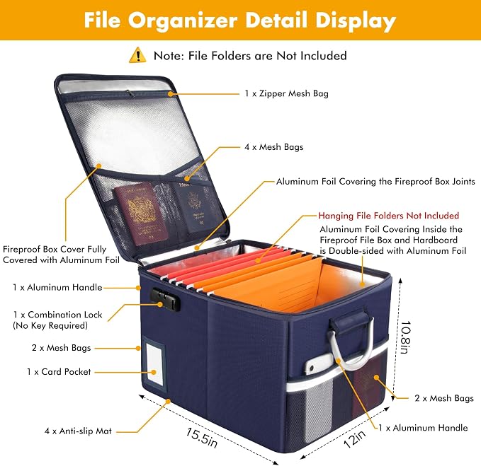 TOMKID 5200°F Fireproof Document Box, Fire Important Document Organizer with Lock, Upgraded Heat Insulated Filing Storage Cabinet Office Organization (5200°F Fireproof Box, Blue) - Image 3