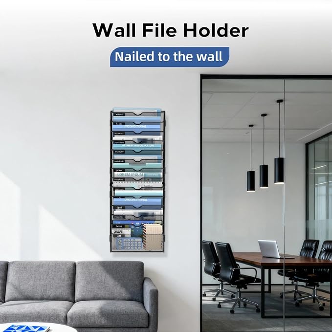 14-Tier Wall File Organizer and Hanging File Organizer, Black | Wall Organizer and Wall Mounted File Holder with 14 Pockets and Label Panels for Files, Mail, Folders, Magazines and Paper - Image 5