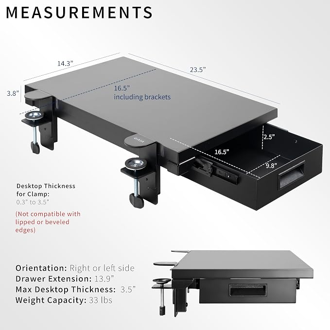 VIVO Black Clamp-on 24 x 14 in Desk Extender, DESK-EXT24D | Premium, Built-in Storage Drawer, Keyboard Tray, Side Table Extension Office Organizer - Image 3