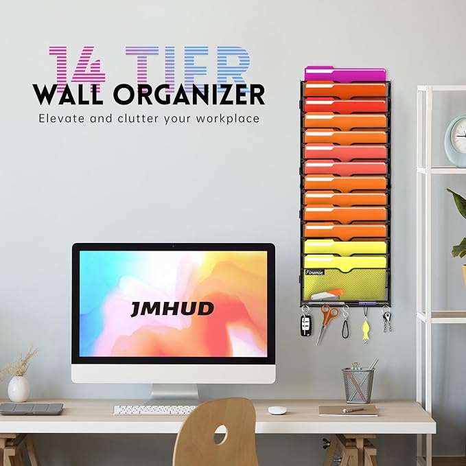 14-Tier Wall File Organizer with Base and Hooks, Hanging Organizer, Black | Wall Organizer and Wall File Holder with 14 Vertical Pockets and Bottom Tray for Files, Mail, Folders, Magazines and Paper - Image 2