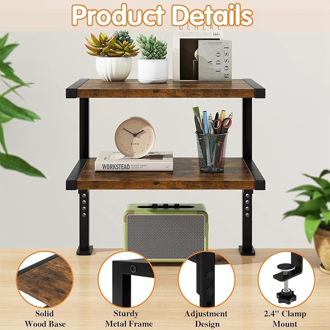 IBUYKE Clamp on Desk Organizer Shelf,Desk Extender Shelves TMZ007H | 12.9 inches,2-Tier Adjustable Storage Shelves, Above or Below Desk, for Desktop Accessories,Brown - Image 7