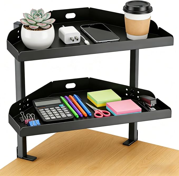 CanKing Desk Clamp Shelf, 16 Inch Corner | 2-Tier height adjustable metal shelf, clamp-mounted only above or under desk corners for office & gaming cubicles by CanKing