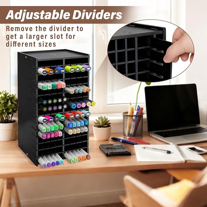 Marker Organizer,120 Slots Marker Storage with Divider,Black | Marker Holder,Adjustable Marker Rack for Pens,Colored Pencils,Art Brushes,Home Office Art Room and Classroom Desk Organizer - Image 2