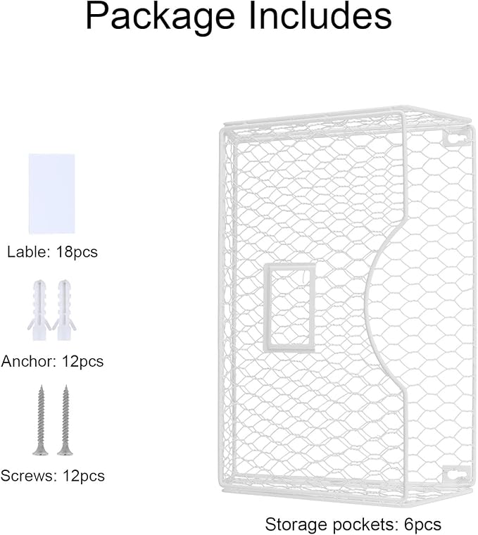 6 Pockets Hanging File Holder Wall Mount Mail Organizer Metal Chicken Wire Magazine Rack with Tag Slot, White - Image 3