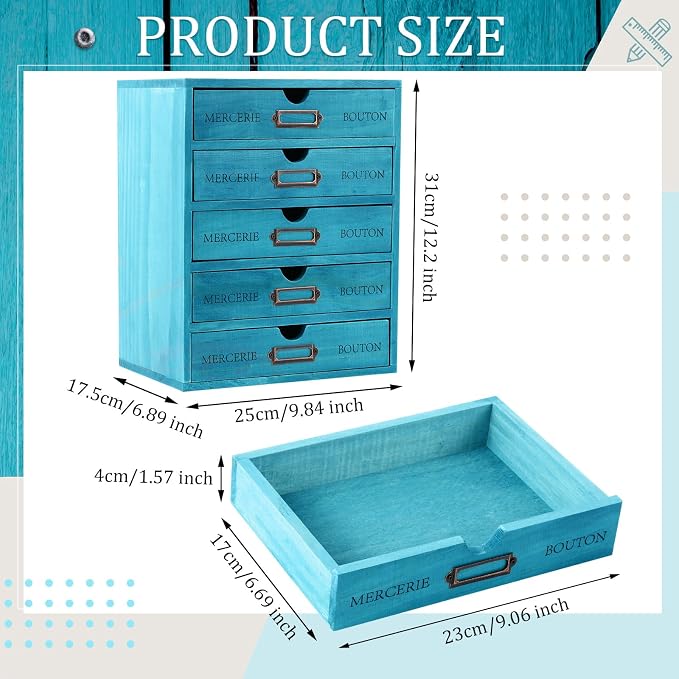 Wesiti 5-drawer Wooden Desk Organizer Blue, Embroidery Floss Thread Organizer Storage, Cottagecore Craft Room Box with Drawers for Art Supplies, Jewelry, Apothecary Cabinet, Stackable - Image 3