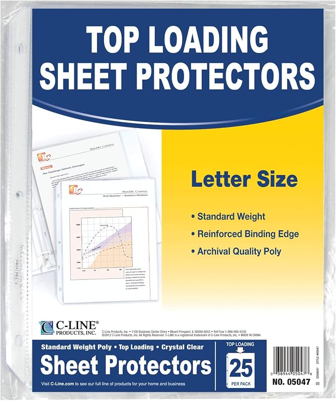C-Line Top Loading Standard Weight Poly Sheet Protectors, Clear, 8.5 x 11 Inches, 25 per Pack (05047) by C-Line