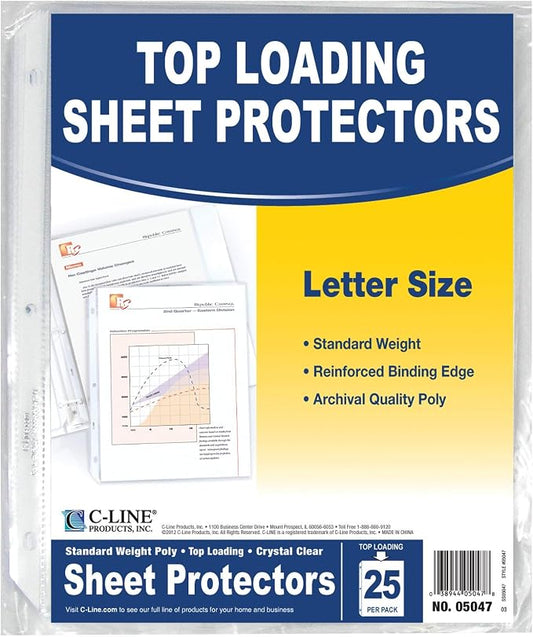 C-Line Top Loading Standard Weight Poly Sheet Protectors, Clear, 8.5 x 11 Inches, 25 per Pack (05047) by C-Line