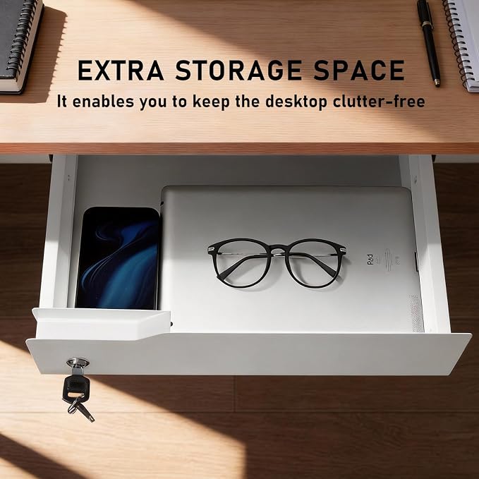 Under Desk Drawer Storage with Lock, Metal Undermount Table Drawer, Ball Bearing Slides Out Tray Organizer for Paper, Pencil, and Laptop 16"x11.8"x3.6", White - Image 7