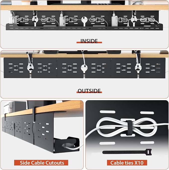 Univivi Under Desk Cable Management Tray, Cable Management, 48 inch, Black | Durable Steel, Cable Management with No-Drill C-Clamp and Screw Mount, Effortless Wire Management for Office/Home - Image 8