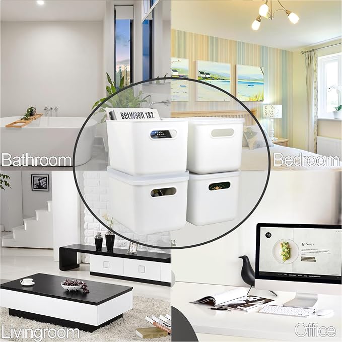 4 Pcs Small Storage Bins with Lids, Stackable Plastic Storage Containers for Organizing, Organizer Bins Shelf Baskets for Pantry Cabinet Shelves Desktop Freezer Drawer Organization (White, 4M) - Image 4