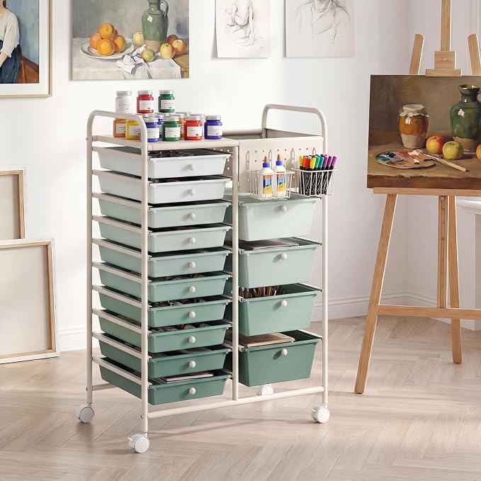 GOFLAME 14-Drawer Rolling Storage Cart with Pegboard, Craft Storage Cart with Lockable Wheels and Metal Frame, Art Cart Supply Storage Organizer for Home Office Classroom, Green Gradient - Image 2
