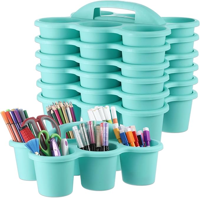 6 Pack Classroom Caddy with Handle Plastic Storage Caddy Organizer with 6 Compartments Drink Cup Caddies Holder Portable Storage Bin for Pencil, Crayon, Marker, Home, Office, School Supplies(Blue) by gisgfim