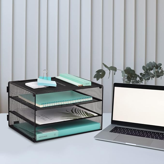 3 Tier Mesh Desk Organizer Tray, File Paper Letter Folder Holder Desktop Paper Sorter Mail Organization Rack Storage Accessories, for Office Home School Classroom, Black - Image 7