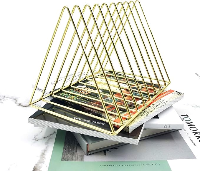 9 Slot Magazine Rack Book Record Holder, Desktop Iron Storage Rack Bookshelf Multifunction Triangle File Organizer Sorter for Decor Home Office, Golden Pack of 2 - Image 3