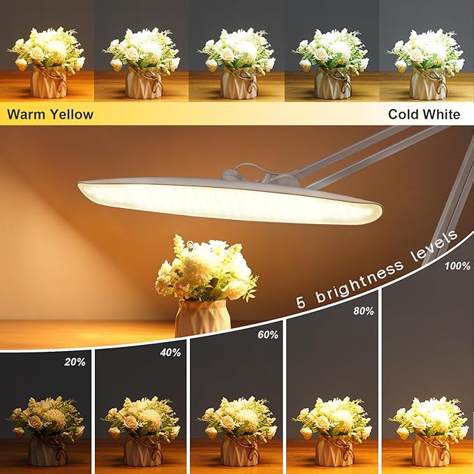 24W LED Desk Lamp with Clamp, 5 Dimming Modes, 5 Color temperatures up to 6000K, 2200 Lumens High Brightness Working Lamp with 182 Pcs LED(White, CCT)