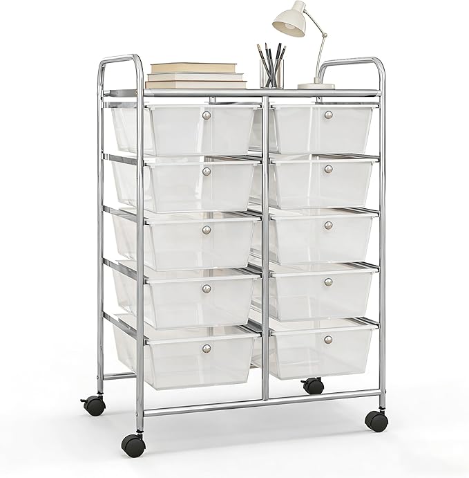 COSTWAY 10 Drawer Rolling Storage Cart, Utility Cart with Lockable Wheels | Mobile Art Supply Craft Organizer with Metal Frame, Multipurpose Drawer Cart for Paper for Office, School, Transparent by COSTWAY